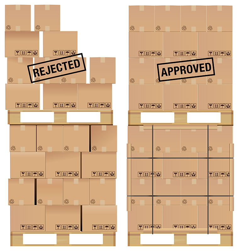 Cardboard boxes set on a wooden pallet, with examples of poor stacking and a good stack of boxes.
